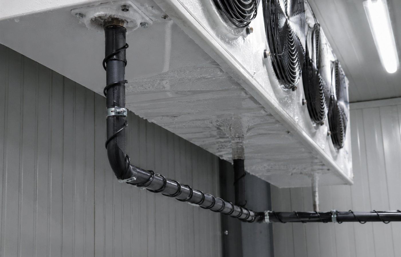 Evaporador instalado em ambiente frigorificado com cabo de aquecimento aplicado ao longo do tubo de drenagem.