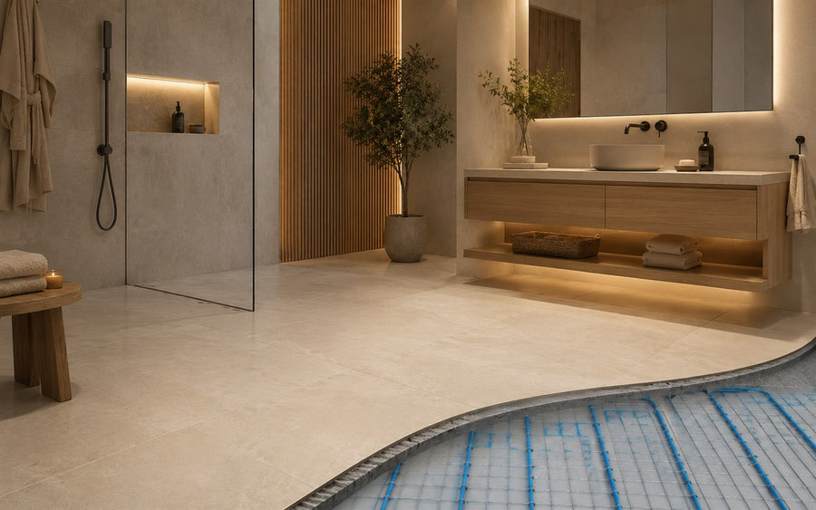 Banheiro contemporâneo com sistema AISEN FLOOR instalado sob o revestimento e cabo azul visível em corte construtivo.