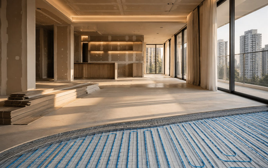 Empreendimento residencial em construção com instalação do sistema AISEN FLOOR sob o piso.