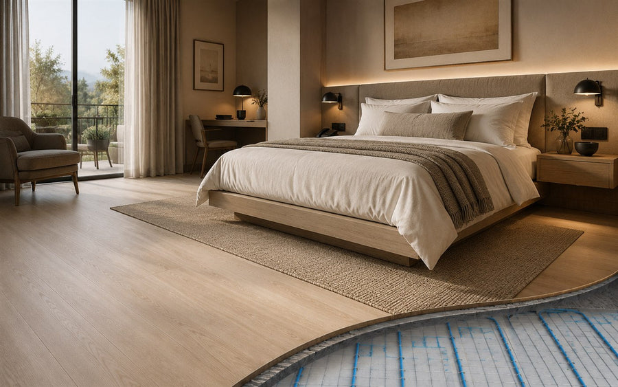 Quarto de hotel com sistema de aquecimento de piso AISEN FLOOR e corte construtivo mostrando o cabo azul.