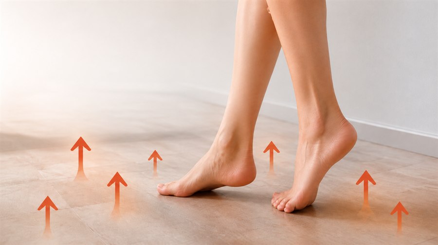 Pés de uma mulher sobre piso aquecido com indicação visual do calor distribuído de baixo para cima.
