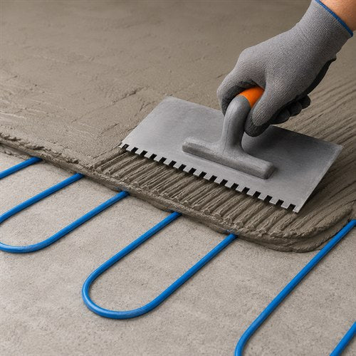 Aplicação de argamassa sobre o cabo aquecedor azul instalado no piso.