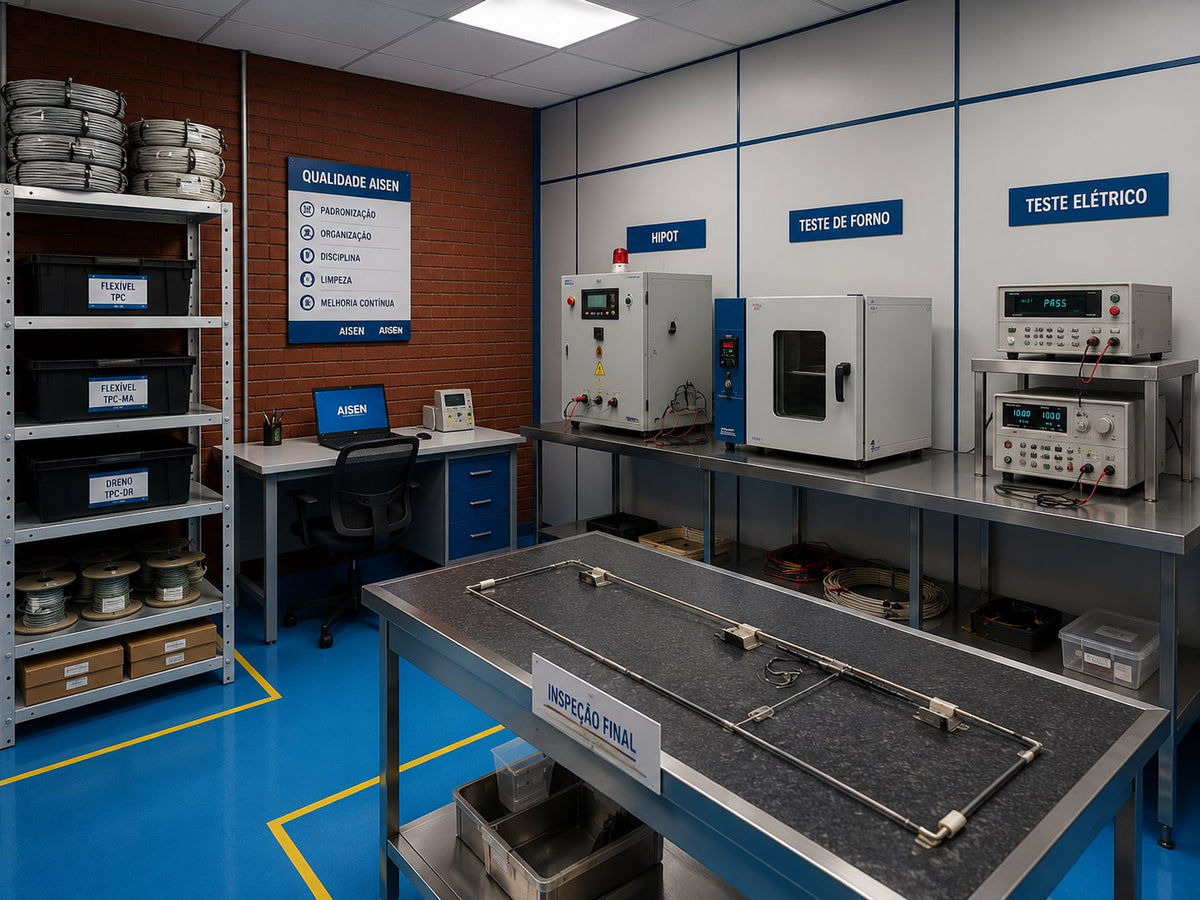 Sala de qualidade da AISEN com bancadas de ensaio elétrico, teste de forno e inspeção final.