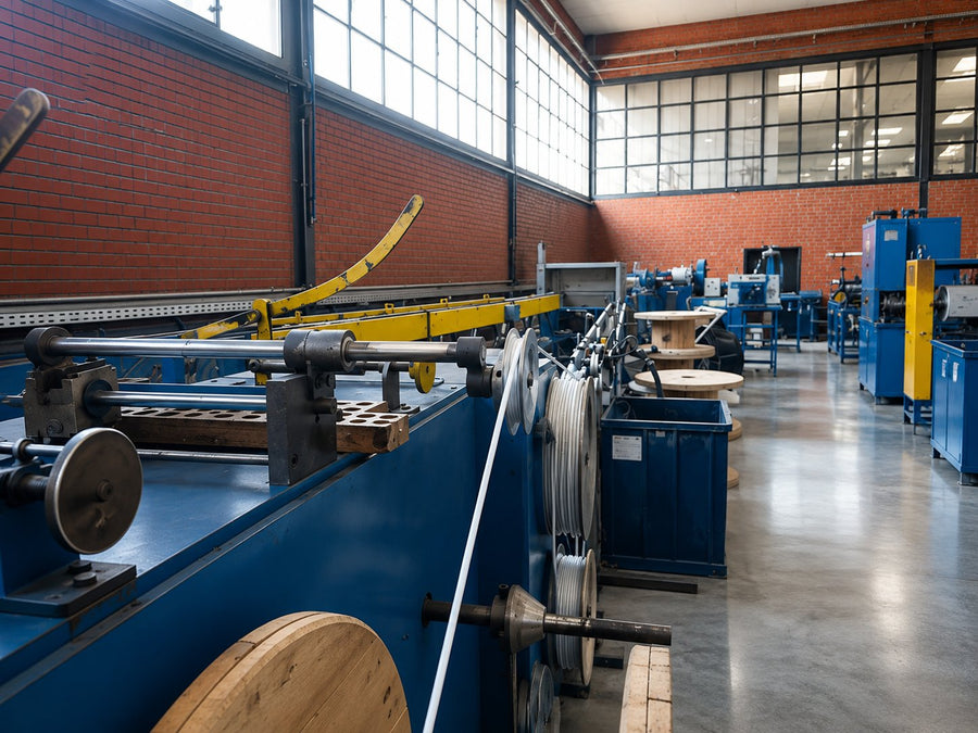 Máquinas e bobinas na área produtiva da fábrica.