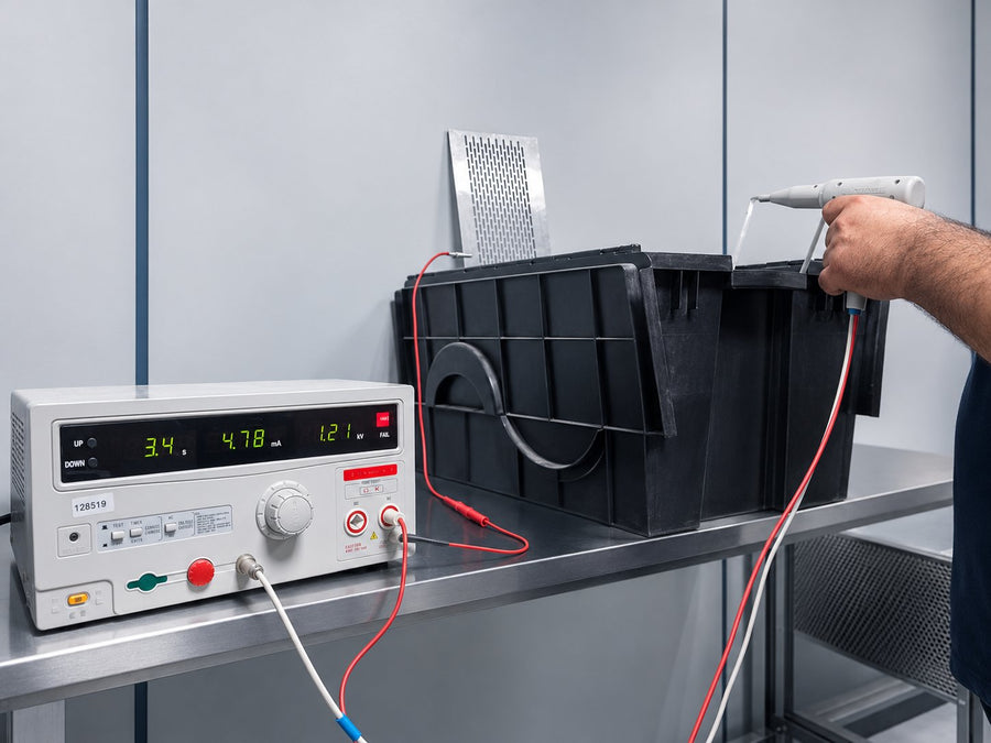 Ensaio elétrico de cabo em bancada de testes, com equipamento de rigidez dielétrica.