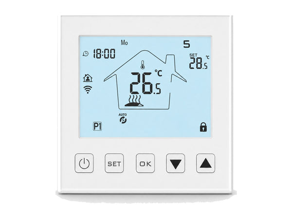 Termostato programável Wi-Fi branco AISEN FLOOR com visor digital.