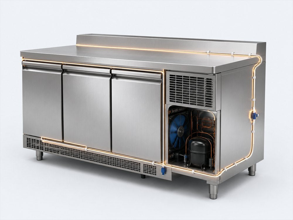Balcão de apoio em aço inox com traço elétrico contornando a estrutura.