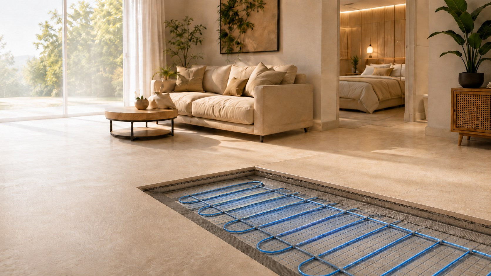 Ambiente residencial com sistema de aquecimento elétrico instalado sob o piso.