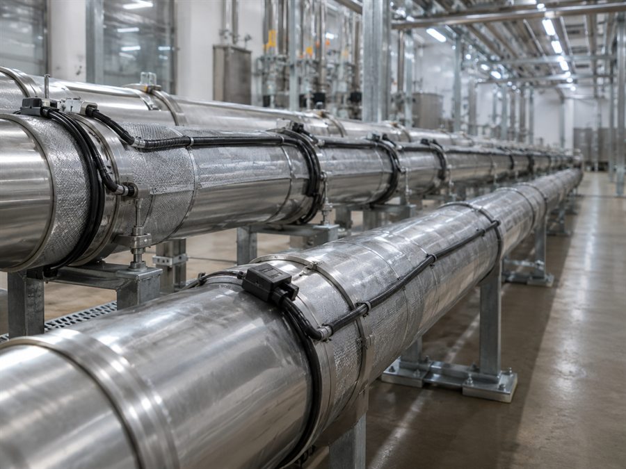Tubulações industriais isoladas termicamente.