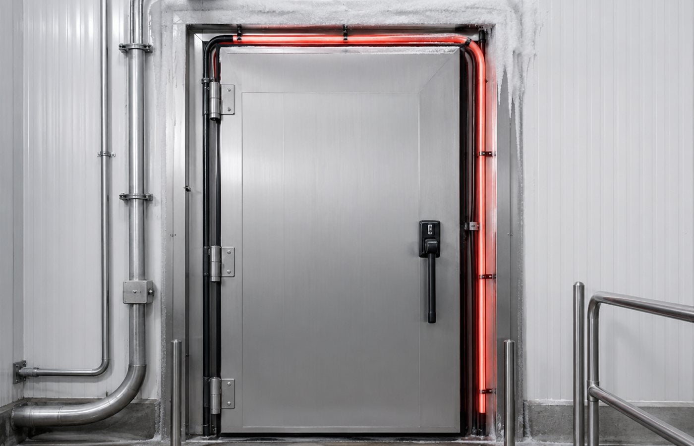 Porta frigorífica instalada em ambiente refrigerado com indicação visual do percurso de aquecimento no marco.