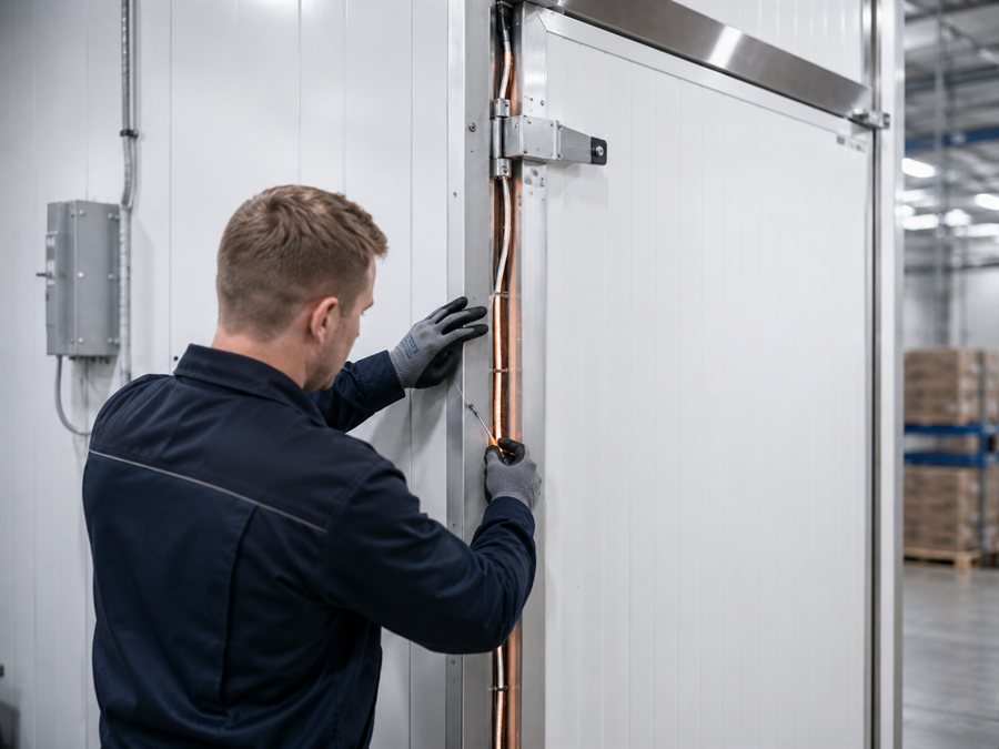 Técnico em manutenção do sistema de aquecimento no marco de uma porta de câmara fria.