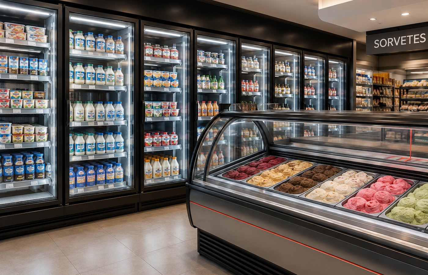 Geladeiras comerciais com portas de vidro e vitrine expositora de sorvetes em ambiente de varejo.