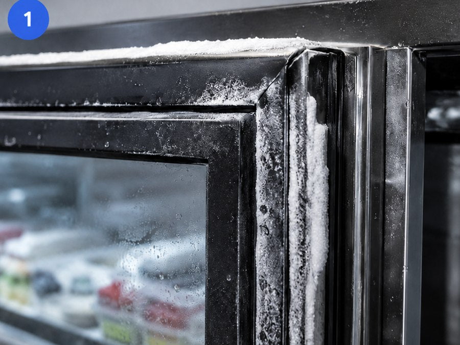 Detalhe de porta de geladeira comercial com acúmulo de gelo no marco e no batente.