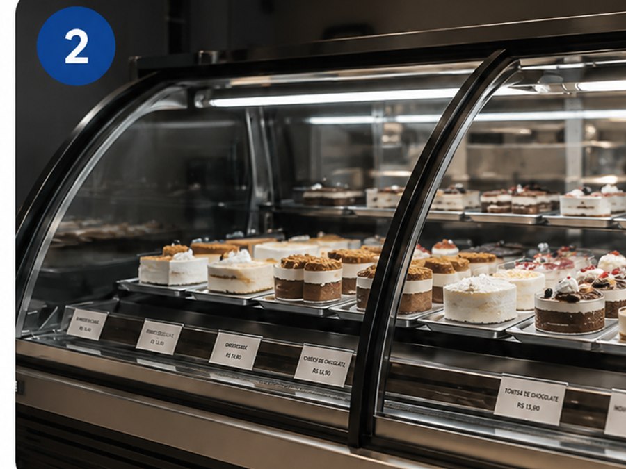 Vitrine refrigerada com condensação no vidro comprometendo a visibilidade dos produtos.