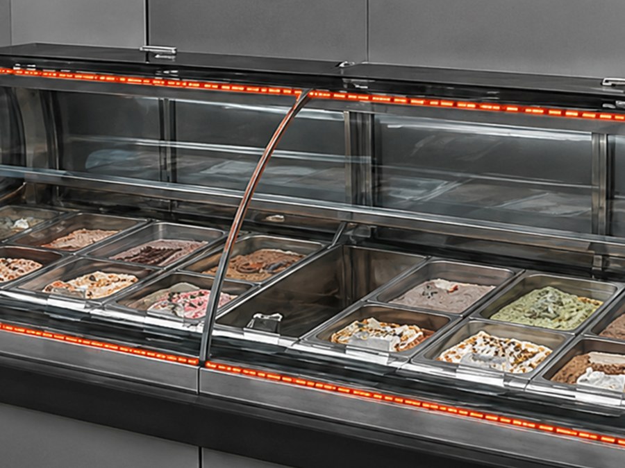 Vitrine expositora com indicação térmica discreta nas regiões aquecidas.